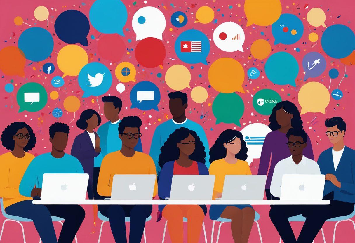 A vibrant illustration depicting a diverse group of people engaging in a virtual networking event, with laptops and digital screens showcasing colorful chat bubbles and social media icons. The background features elements representing community, like interconnected circles and diverse flags. Subtle elements of celebration, like confetti and balloons, add to the atmosphere. The scene should evoke connectivity and engagement. vibrant colors. digital art.