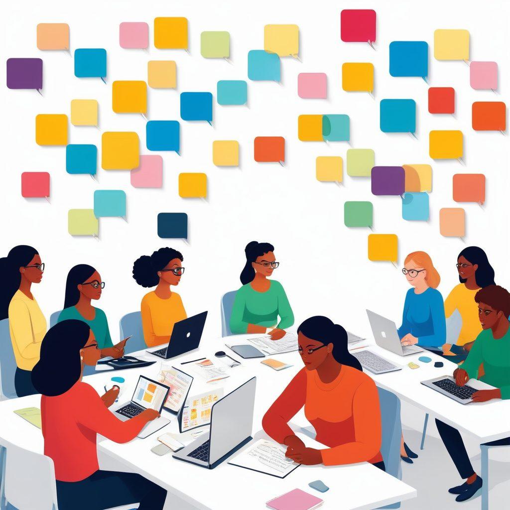 A lively scene showcasing a diverse group of people engaged in a virtual event planning session, with colorful digital chat bubbles illustrating dynamic conversations. Include laptops, notepads, and collaborative tools like sticky notes and flowcharts scattered around. Visual elements representing global participation, such as various flags or time zone clocks in the background. Evoke a sense of creativity and teamwork with bright colors and modern design aesthetics. vector art. vibrant colors. white background.