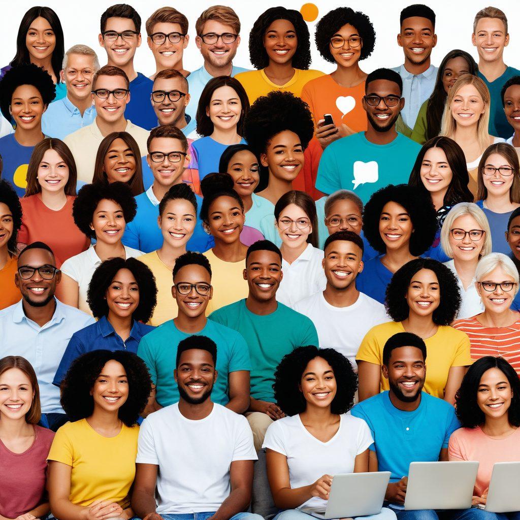 A diverse group of people connecting through a vibrant virtual gathering on their devices, showcasing a colorful grid of faces and interactive elements like chat bubbles and social media icons. Incorporate elements of technology and warmth, emphasizing collaboration and positivity. The background features soft, inviting colors to evoke a sense of community. super-realistic. vibrant colors. white background.